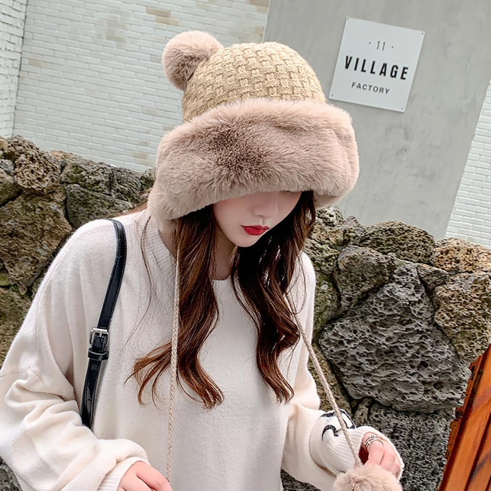 Winter Pompom Beanie Hats for Women Fluffy Knit Womens Beanie Faux Fur Crochet Skull Cap Warm Bucket Outdoor Ear Cover
