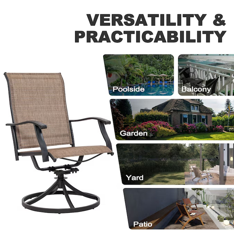 Outdoor 2-Piece Swivel Chair Set Set of 2 Black Iron Frame Swivel Dining Chair with Brown Solid Seat