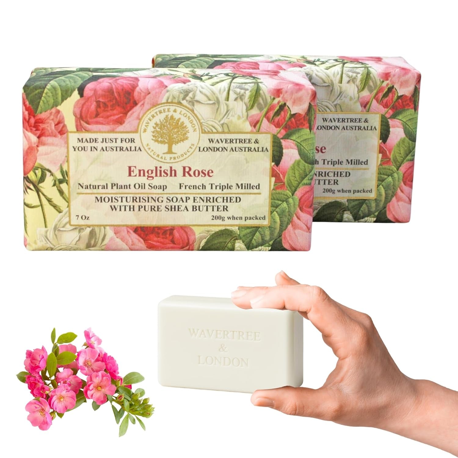 English Rose Scented Natural Soap Bars for Women & Men (2 X 7Oz) – Moisturizing Triple-Milled Soap Bars Enriched with Shea Butter – Plant-Based Bath & Body Bar for All Skin Types