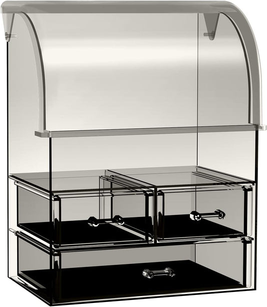 Cosmetic Makeup Organizer, Acrylic Cosmetic Display Cases with Lid for Dustproof Waterproof, Cosmetic Storage Box with 3 Drawers for Makeup Tools, Lipsticks, Perfume, Jewelry (Black Clear)