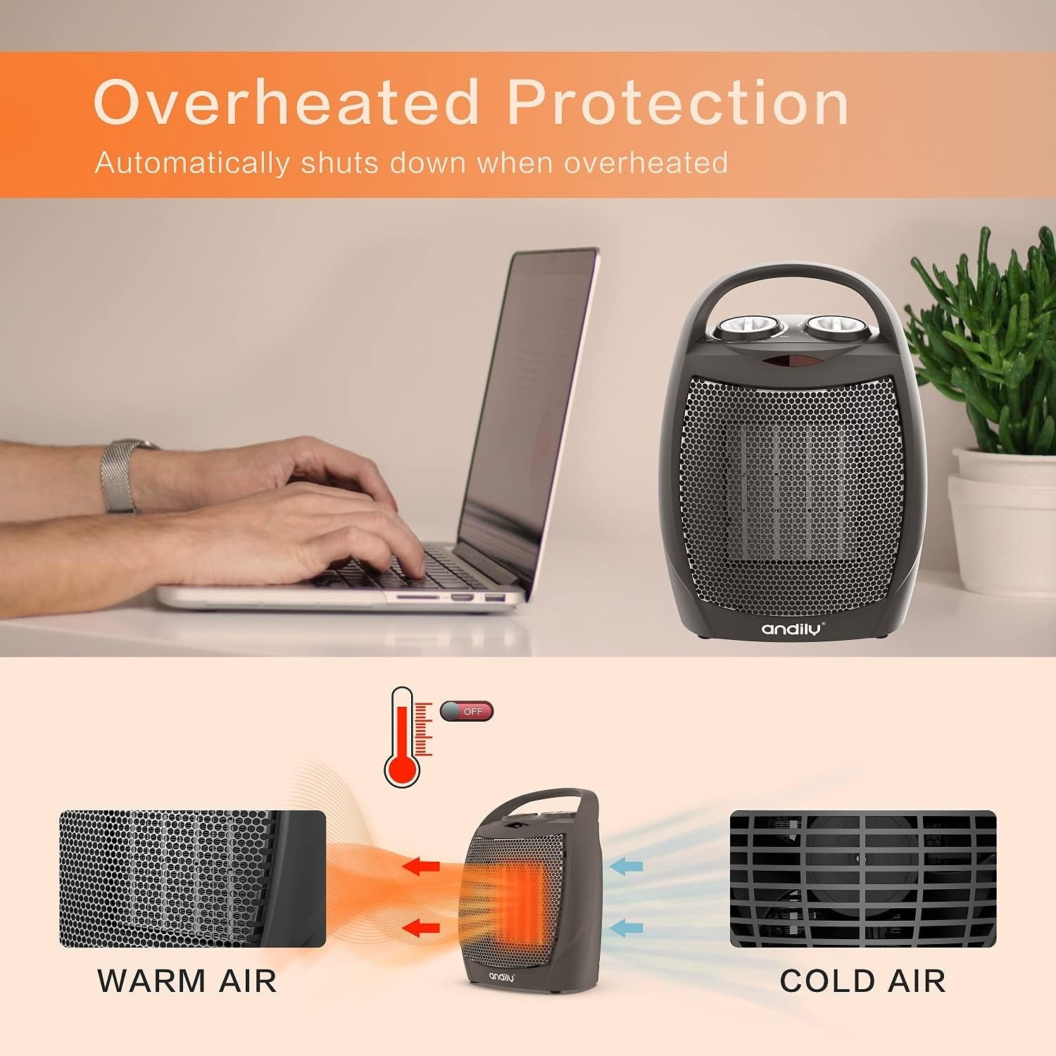 Compact Portable Ceramic Space Heater with Adjustable Comfort Control Thermostat, 3 Settings, Easy Handle, Great for Use in Home, Dorm, Office Desktop, and Kitchen, ETL for Safe (Grey)
