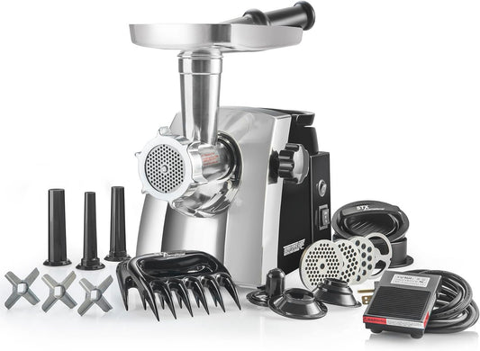 Turboforce Cadet 2000 Series Electric Meat Grinder | 6-In-1 Multifunctional | Foot Pedal | Sausage Stuffer | Kubbe Maker | 4 Grinding Die | Stainless Steel Blades & More Included