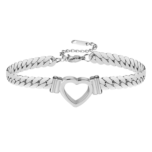 Women'S Chunky Cuban Link Bracelet Stainless Steel Flat Heart Chain Adjustable