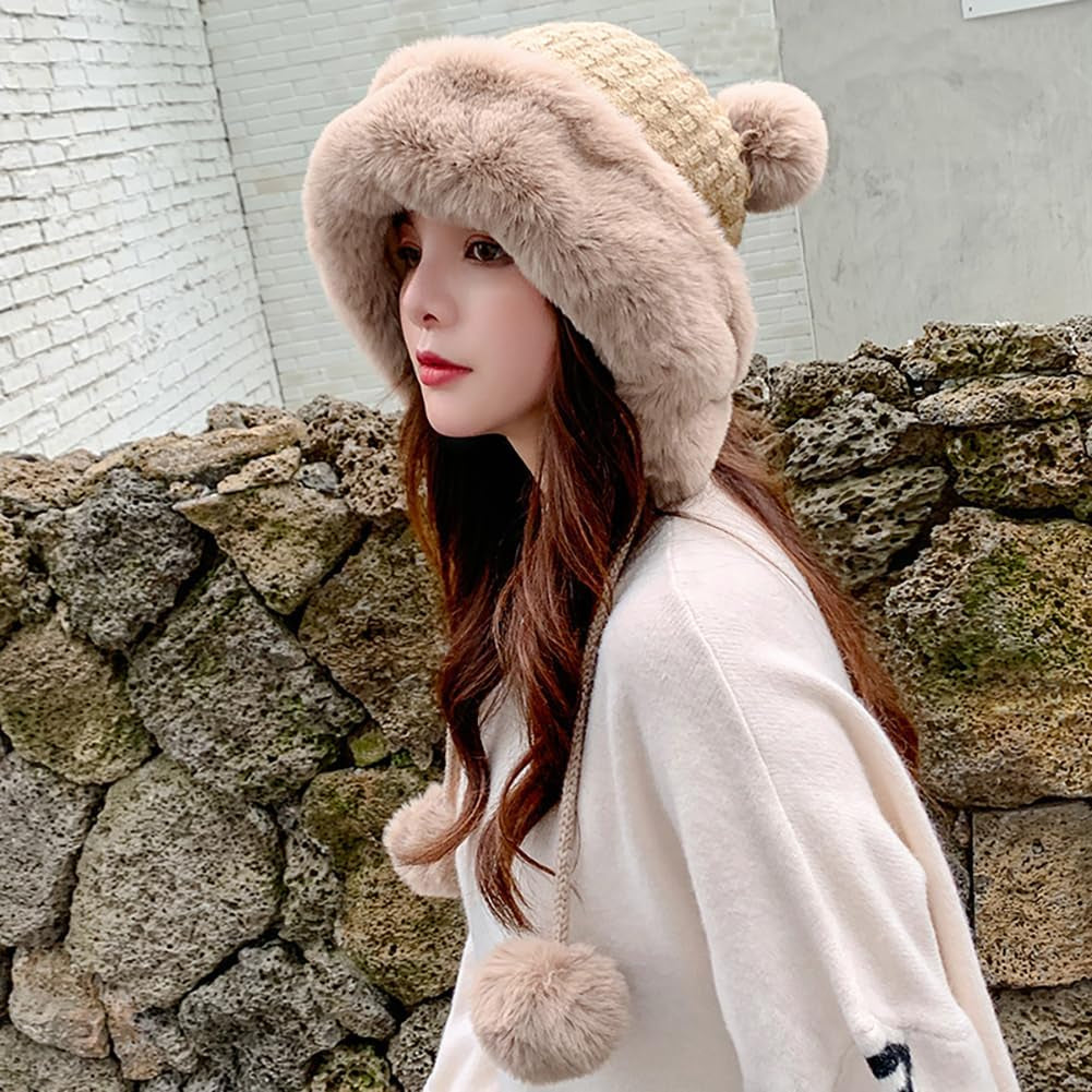 Winter Pompom Beanie Hats for Women Fluffy Knit Womens Beanie Faux Fur Crochet Skull Cap Warm Bucket Outdoor Ear Cover
