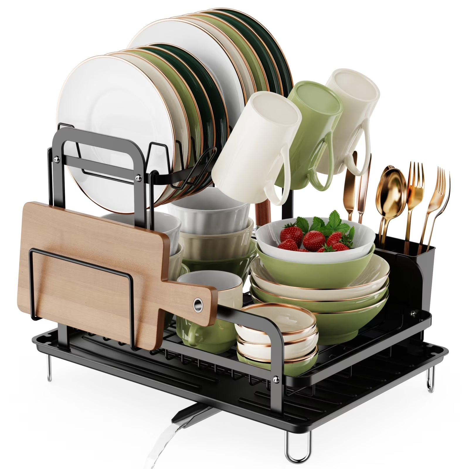 Dish Drying Rack with Drainboard - 2 Tier Dish Rack for Kitchen Counter, Rust-Resistant Dish Drainer with Utensil Holder, Black