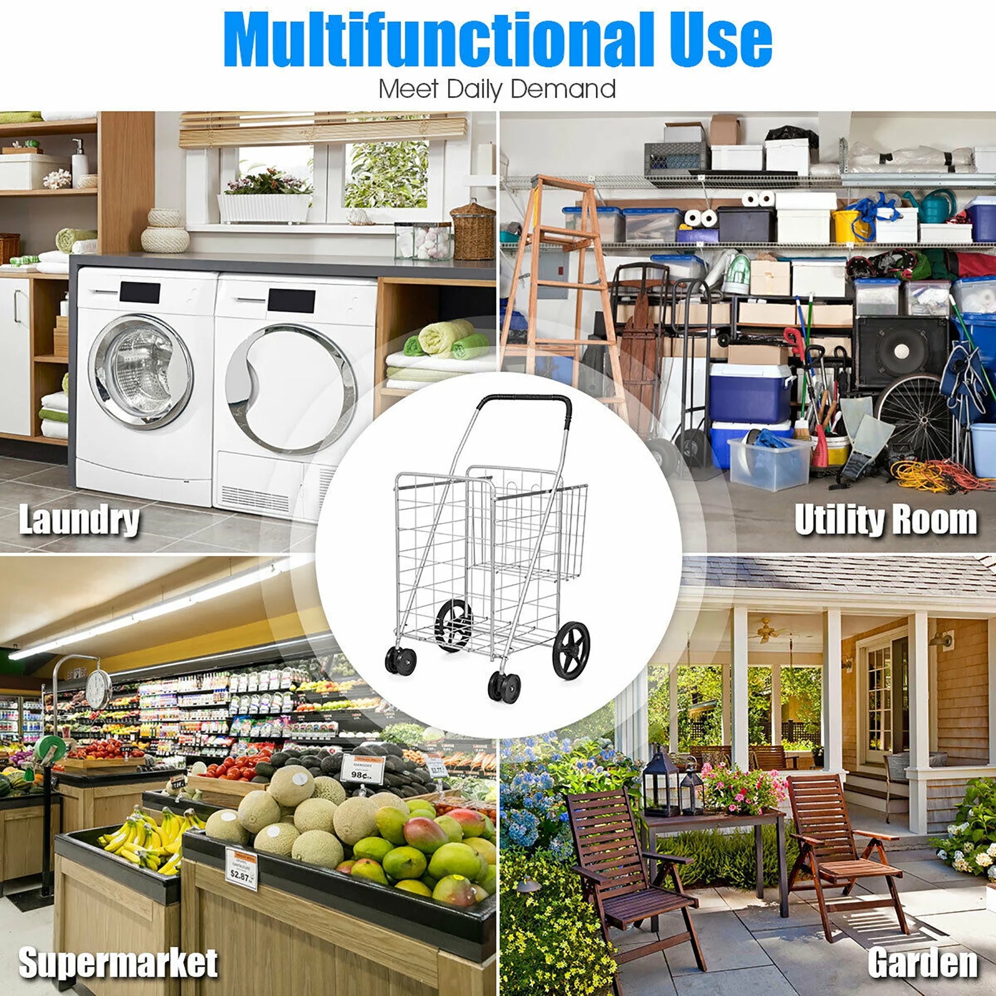 Utility Shopping Cart Foldable Jumbo Basket Outdoor Grocery Laundry Silver