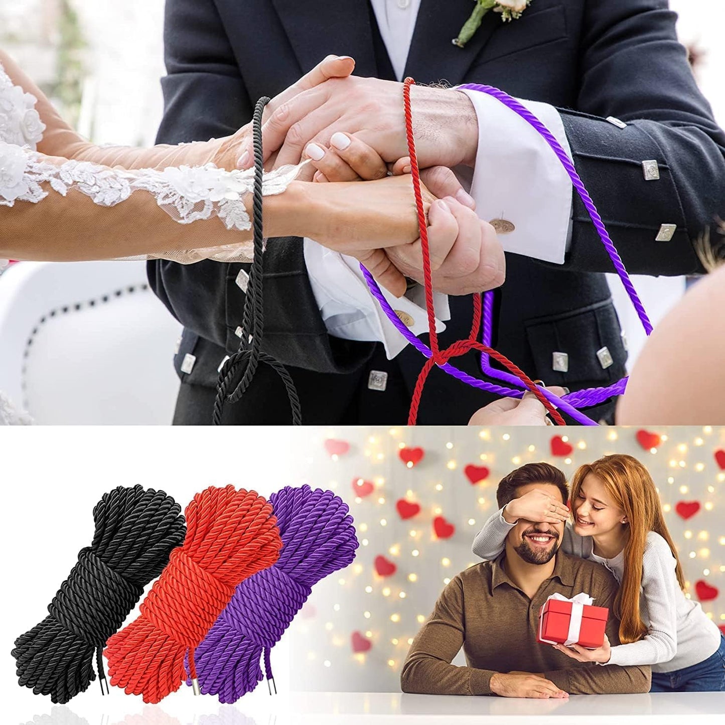 Silk Rope, Skin Friendly Durable Soft Rope, Multipurpose Long Rope Nylon Satin Braided Twisted Rope, 8Mm Thick (Length：4X8Ft Black+2X16Ft Red+32Ft Purple)