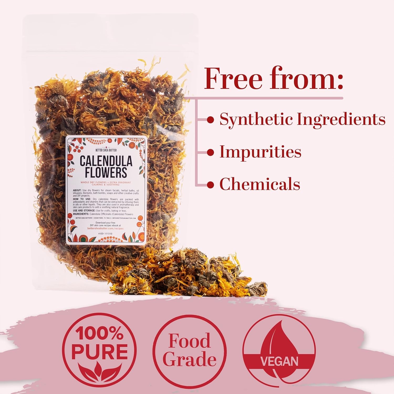 Dried Calendula Flowers - Edible Dried Marigold Flowers for Soap Making, Calendula Tea, Herb Infusions and Tinctures - Dried Flowers for Bath Salts - Calendula Officinalis 4 Oz