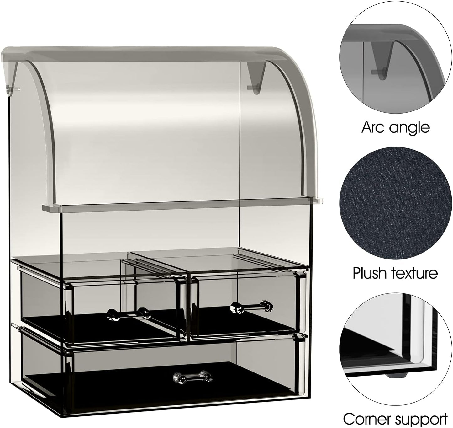 Cosmetic Makeup Organizer, Acrylic Cosmetic Display Cases with Lid for Dustproof Waterproof, Cosmetic Storage Box with 3 Drawers for Makeup Tools, Lipsticks, Perfume, Jewelry (Black Clear)