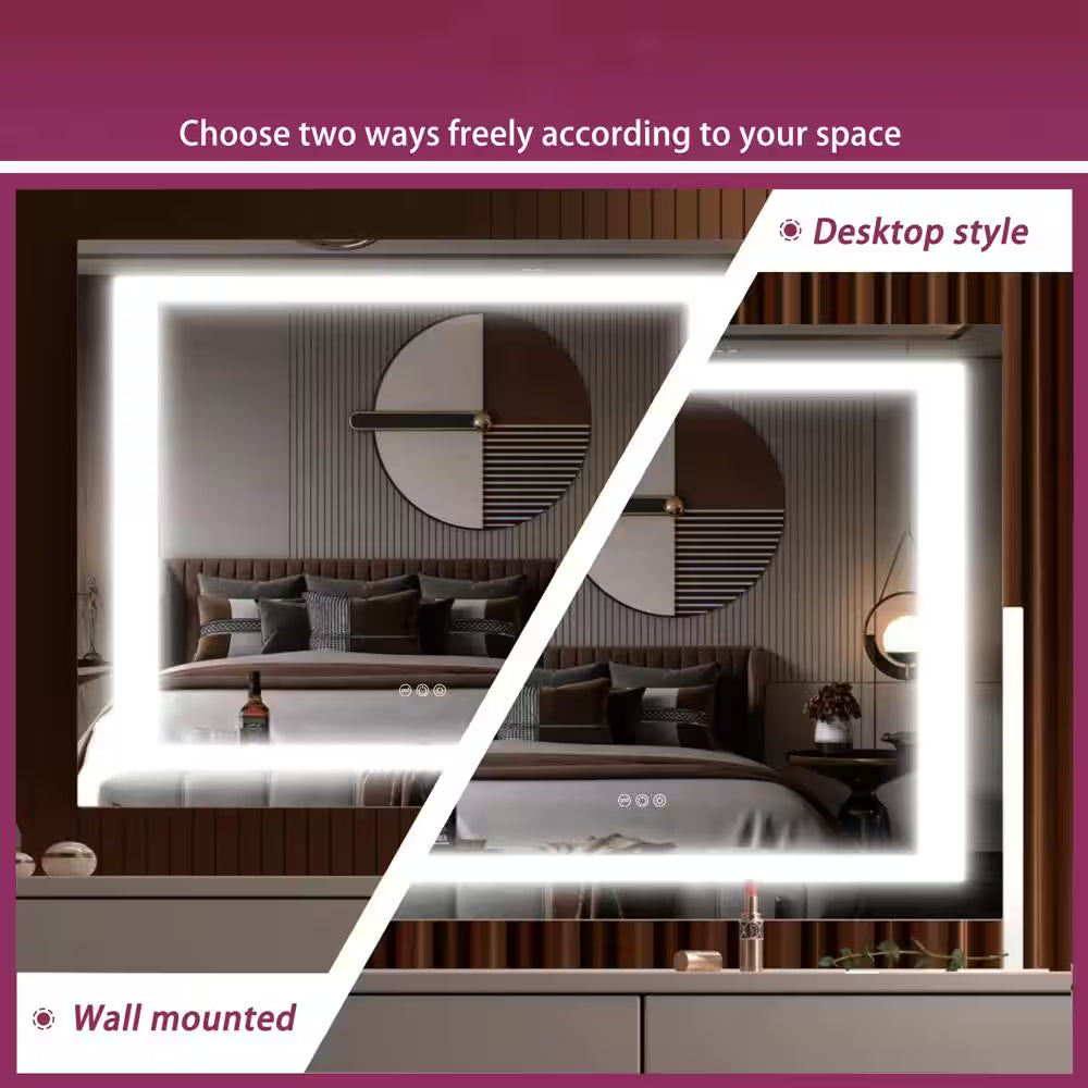 24.2 In. W X 18.9 In. H Square White Frame LED Makeup Mirror, 10X Magnification, USB Charging Port, 360° Rotation