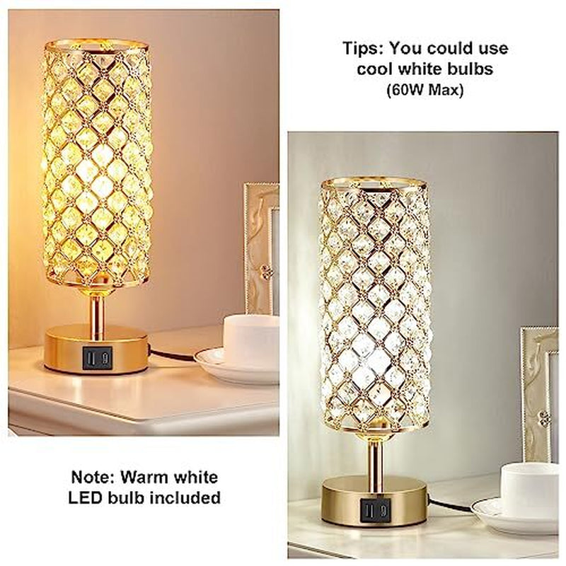 Crystal Table Lamp Lamp for Bedroom with USB-C USB-A USB-C+A Ports Gold