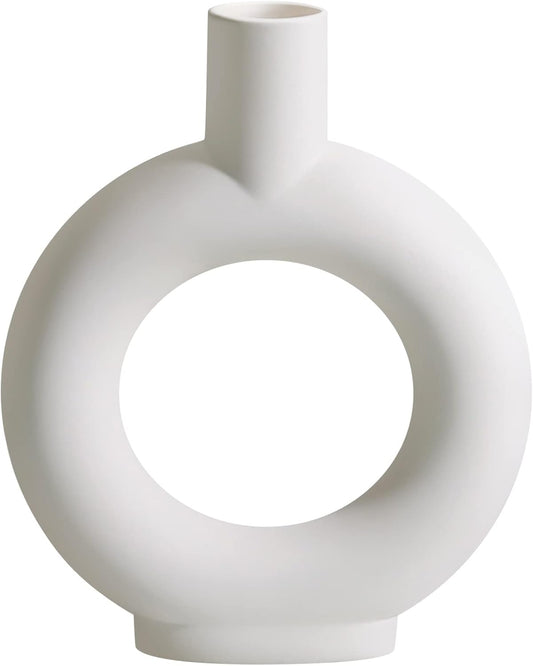 Modern White Ceramic Vase - Decorative Hollow Donut Floral Vase Home Decor Centerpieces, Flower Vase for Living Room, Kitchen, Office, Table, Bookshelf, Wedding Decor (White)