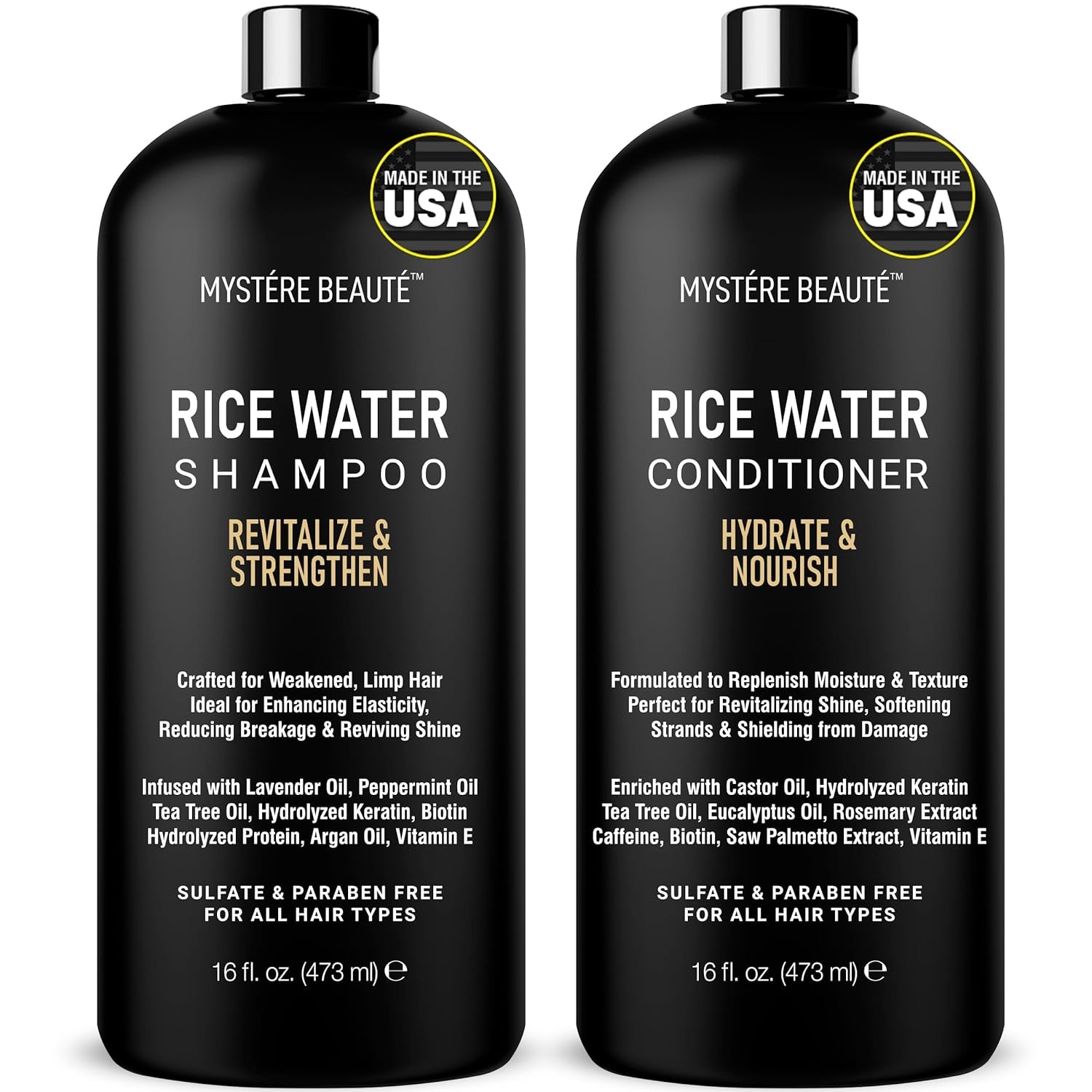 Rice Water Shampoo and Conditioner Set - Ultra-Nourishing Hair Care Set, Promotes Growth, Revitalizes Shine, and Shields from Damage - Infused with Essential Oils - 16 Fl Oz Each