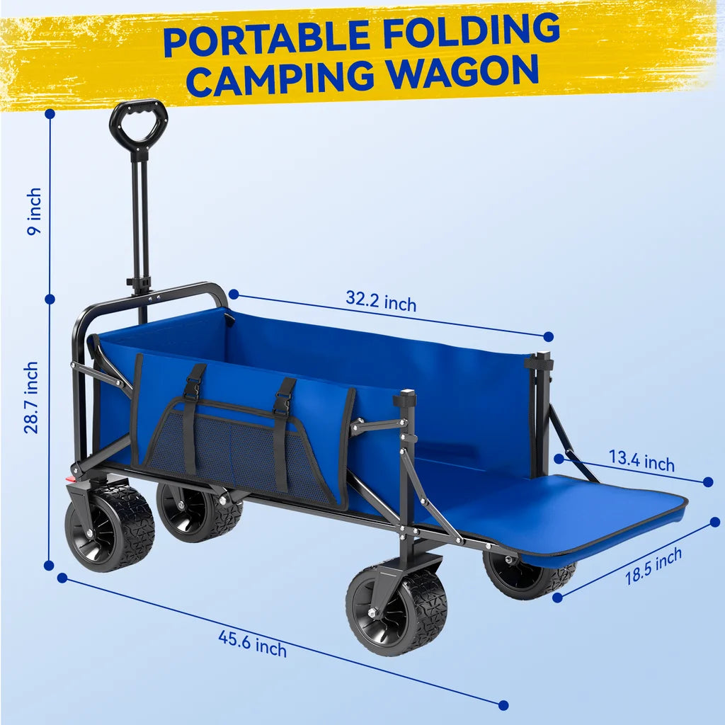 Collapsible Camping Garden Wagon, All-Terrain Tank Wheels for Camping with Extended Tailgate, Sports, Shopping, Beach, Support up to 330Lbs, Blue