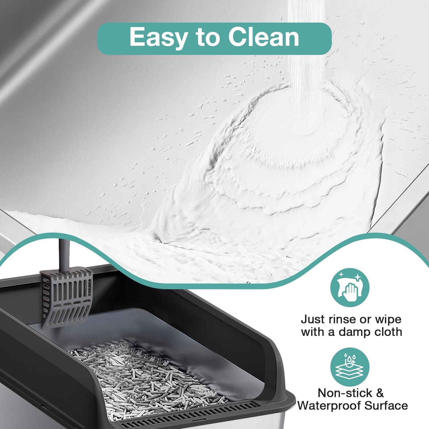 L Stainless Steel Cat Litter Box for Big Cats, MS-50 Metal Cat Litter Box with Scoop & Mat, Dark Gray
