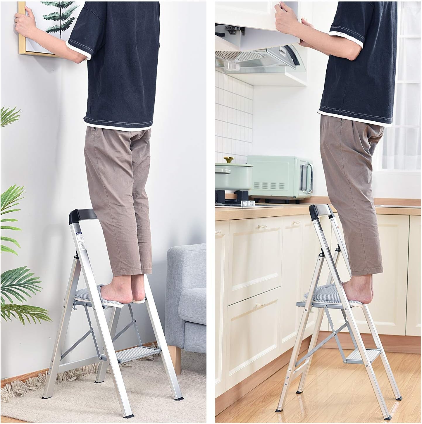 Step Ladder 2 Steps, Step Ladder, Non-Slip Household Ladder with Folding Safety,