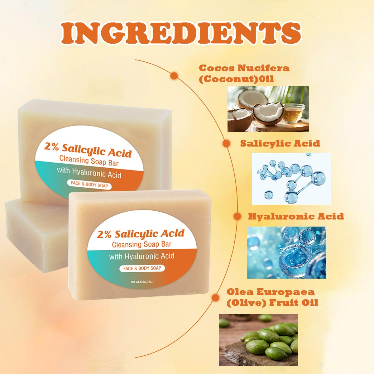 [Salicylic Acid Soap] 3pcs Salicylic Acid Cleansing Soap Bar | Contains Coconut Oil, 2% Salicylic Acid, Moisturize Light Beige, Make Light Beige Look Smoother And Firmer, Soap Foaming Net Equipped, 100G - Suitable for All Lig