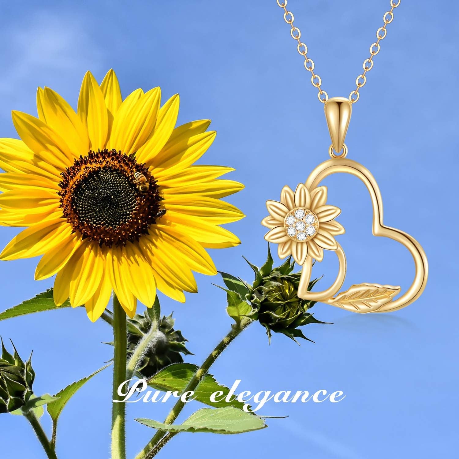 14K Gold Sunflower Heart Necklace for Women,"You Are My Sunshine" Real Gold Love Jewelry Gifts for Wife Girlfriend, Present for Her16"-18"