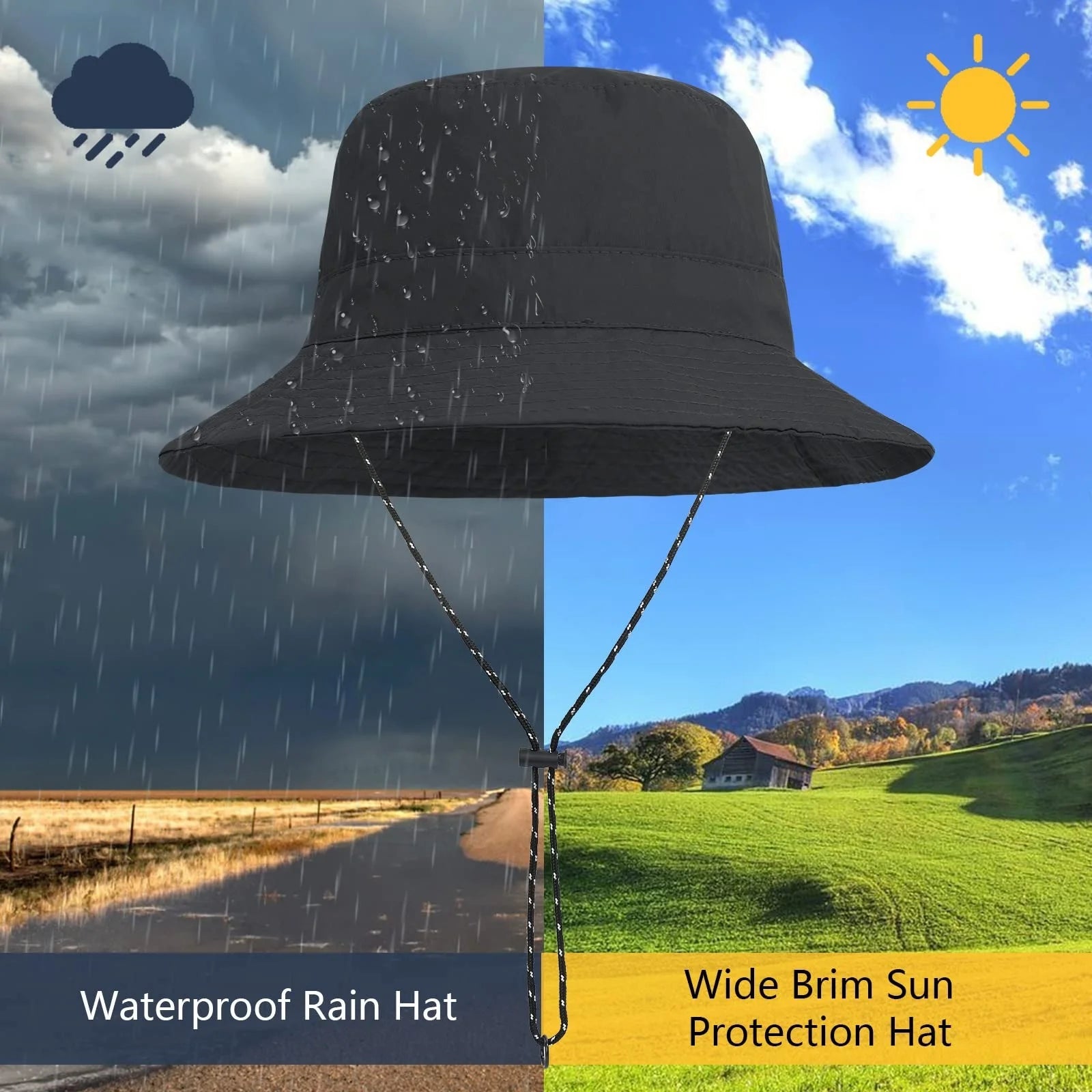 Womens Bucket Hats Packable Foldable Bucket Hats for Men Waterproof Lightweight Fishing Hiking Hat Wide Brim Sun Hats for Women UV Protection Black One Size