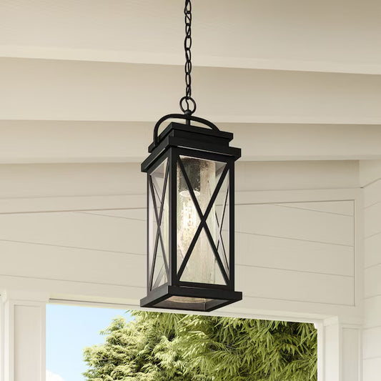 Saint Elias 1 -Light Matte Black Traditional Seeded Glass Lantern Medium Outdoor Hanging Pendant Light