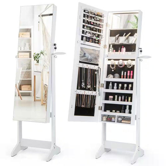 White Wood 16 In. W Standing Jewelry Armoire Cabinet Full Length Mirror Lockable with 3-Color LED Lights
