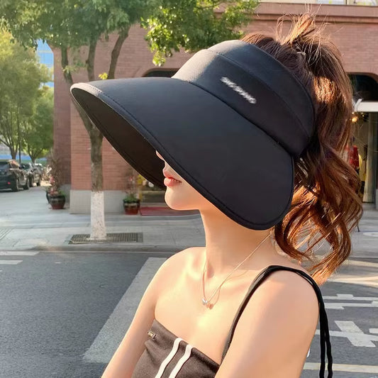 Women Summer Sun Hat Large Brim Empty Top Ponytail Cap for Outdoor Travel Beach Sunscreen Visors UV Protection Fisherman Hats 모자