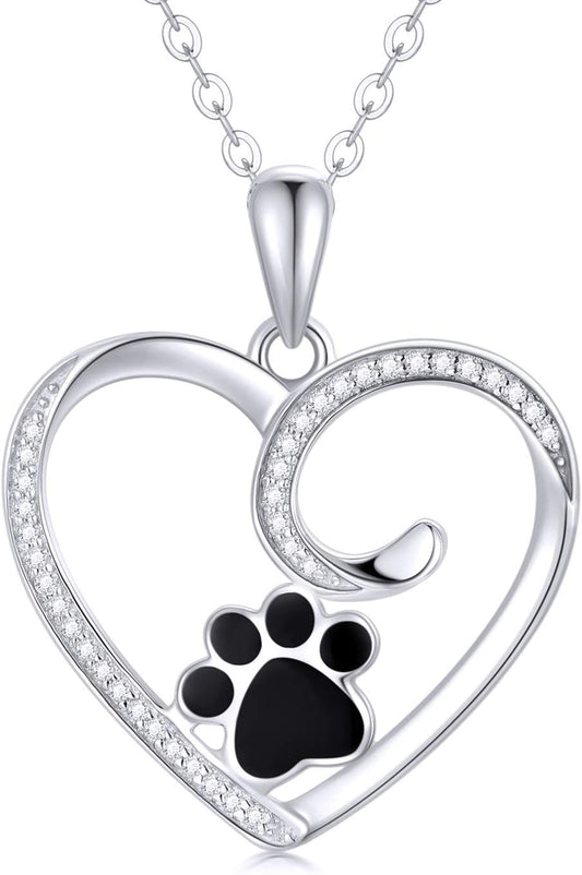 14K Gold Heart Pendant Necklace for Women, Real Gold Dog Cat Paw Print Jewelry Gifts for Her, 16-18 Inch