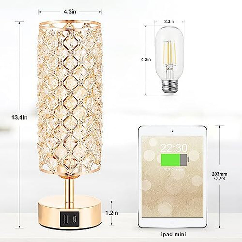 Crystal Table Lamp Lamp for Bedroom with USB-C USB-A USB-C+A Ports Gold