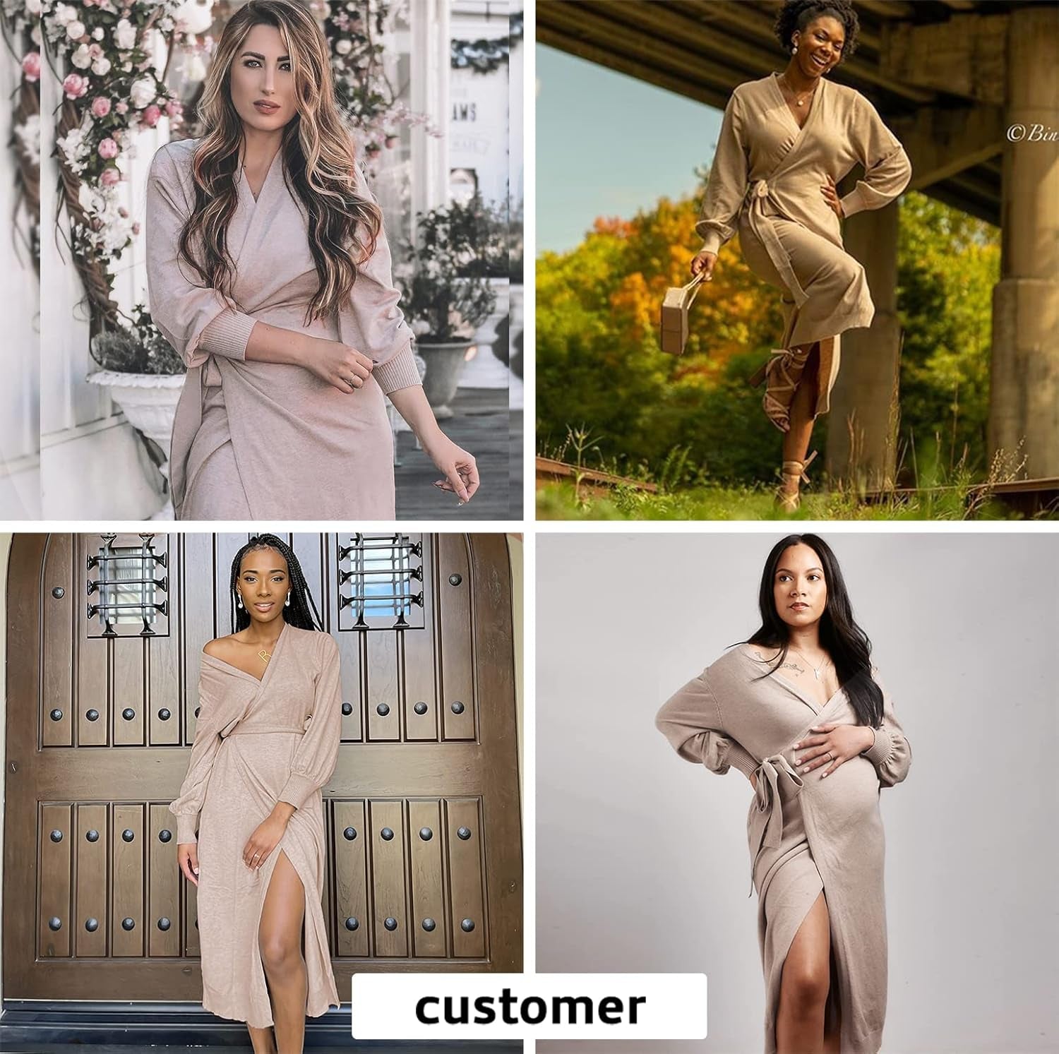 Womens Knit Sweater Dress Casual Solid Long Sleeve Wrap Maxi Dresses with Belt Camel