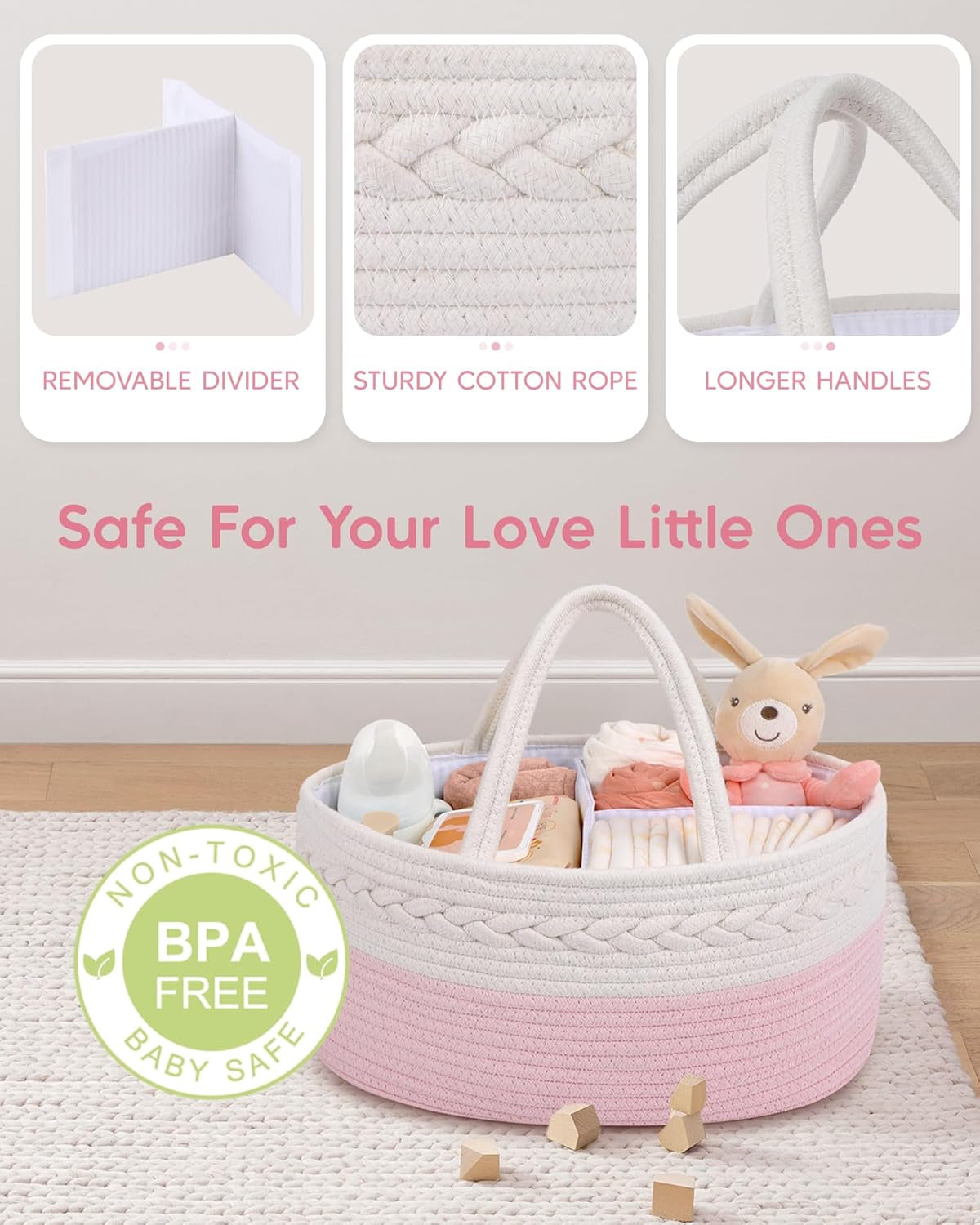 Diaper Caddy for Baby Girl-Cotton Rope Diaper Caddy, Diaper Organizer for Changing Table, Portable Baby Basket for Storage Baby Stuff, Newborn Registry Must Have Items