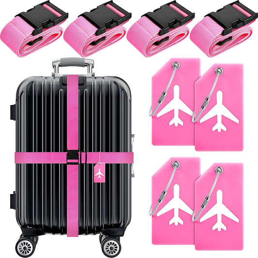 8 Pcs Luggage Straps Suitcase Tags Set for TSA Approved, 4 Travel Adjustable Suitcase Belt, 4 Silicone Luggage Tags with Name ID Card Travel Accessories(Pink,Airplane)
