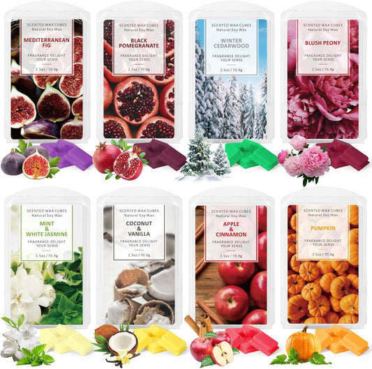 Wax Melts Wax Cubes, Scented Wax Melts for Warmer, Blush Peony, Mediterranean Fig, Black Pomegranate, Coconut Vanilla, Mint & White Jasmine, Winter Cedarwood, Pumpkin and Apple& Cinnamon（8X2.5Oz）