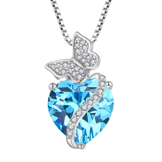 Sterling Silver March Birthstone Heart Necklace Butterfly Pendant Jewelry Gift for Women
