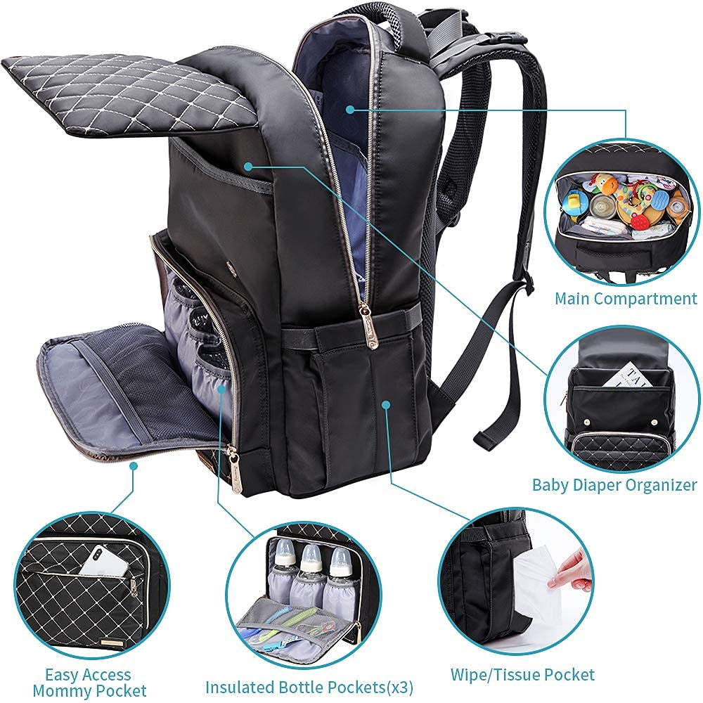 Diaper Bag, Diaper Bag Backpack for Baby Boys Girls, Multifunction Large Rucksack Diaper Bags with Changing Pads, Waterproof Travel Back Pack Knapsack for Dad & Mom -Stylish Black