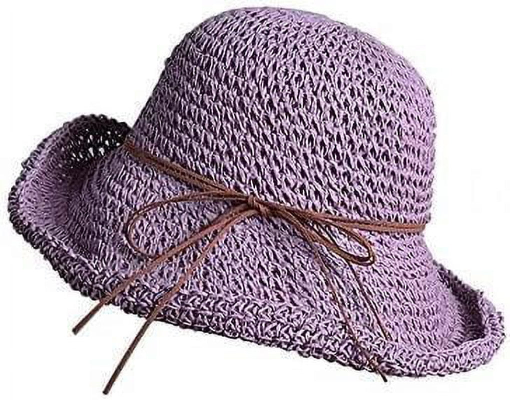 Womens Beach Sun Straw Hat Floppy Straw Sun Hat Travel Foldable Brim Summer Outdoor Sun Visor Hat for Women Girl Summer Outdoor Shade Tied Bow Foldable Hand-Woven,Purple