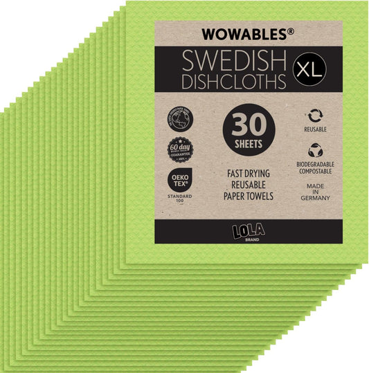 Wowables XL Swedish Dishcloths, 30 Reusable Eco Cleaning Cloths, 11" X 10", Ultra Absorbent Cellulose Sponge Towel, Compostable, Made in Germany