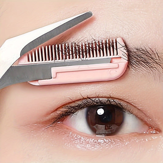 2 crescent shaped eyebrow trimmers+1 pink eyebrow trimmer, pink eyebrow trimmer scissors with built-in comb, stainless steel material, precise grooming tool, creating perfect eyebrows