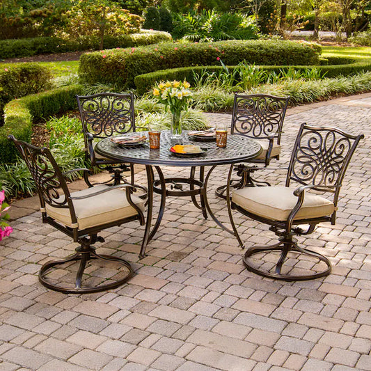 Traditions 5 -Piece Bronze Patio Dining Set Aluminum round Table with 4 Tan Cushions Swivel Chairs