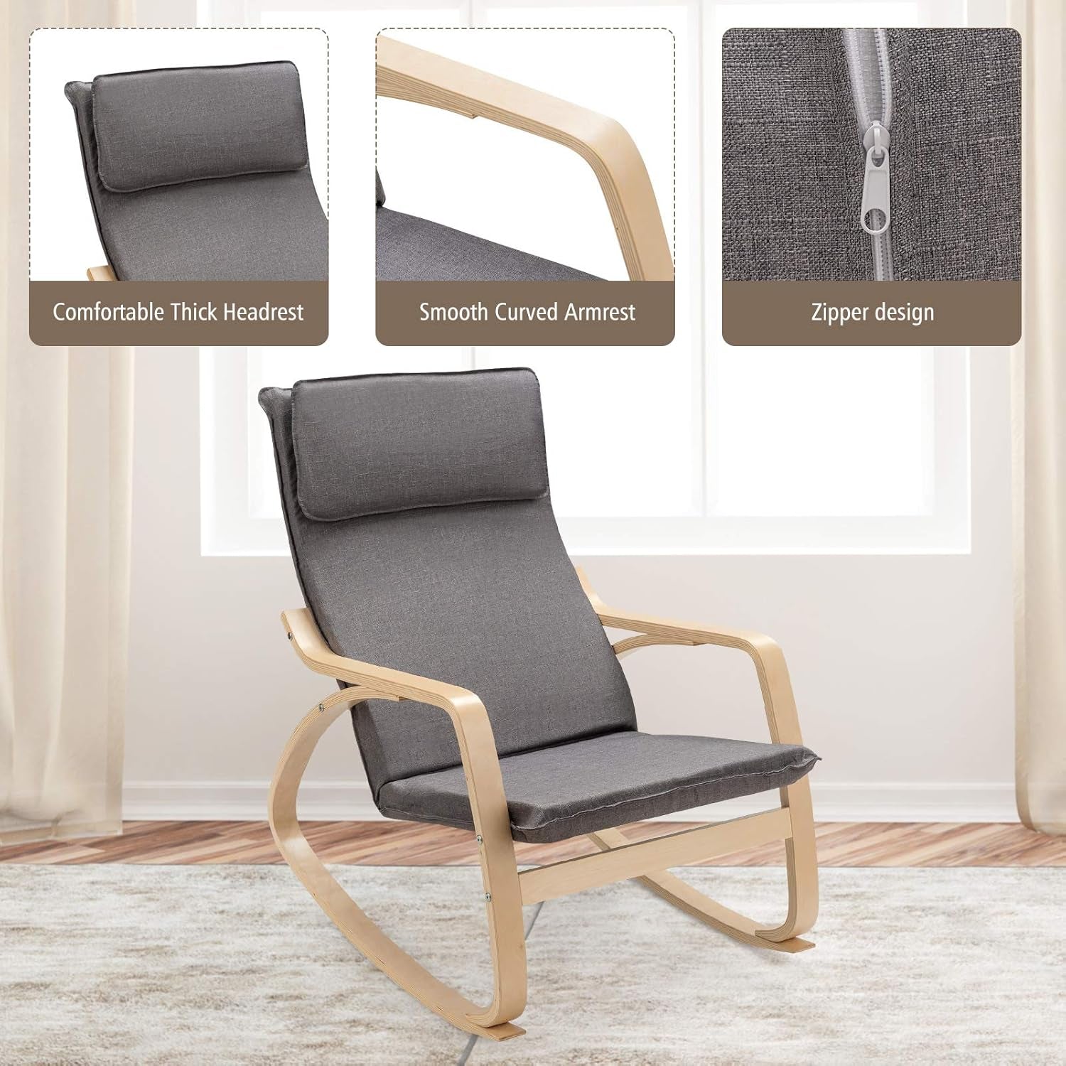 Rocking Chair with Removable Upholstered Cushion, Stable Wooden Frame Relaxing Modern Leisure Armchair Suitable for Living Room, Bedroom, Balcony, Nursery Room Ergonomic Chair (2, Gray)