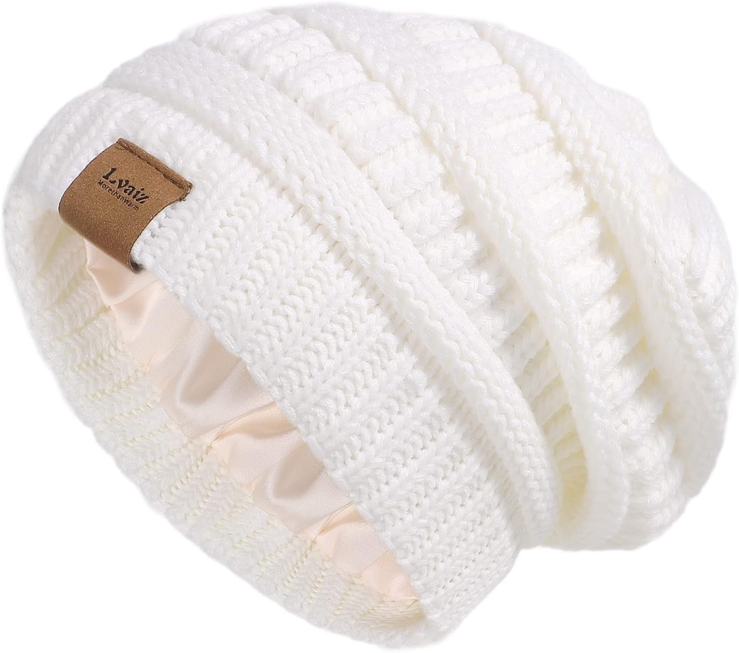 Womens Satin Lined Winter Beanie Hats Cable Knit Beanie for Men Silk Lining Thick Chunky Cap Soft Slouchy Warm Hat