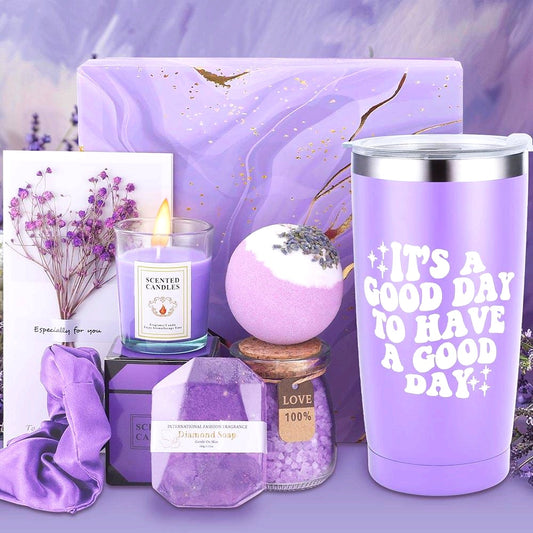 Lavender Bliss 8pcs Gift Set: Insulated Tumbler, Greeting Card, Hair Tie, Scented Candle, Bath Salts, Bath Bomb, Soap Bar - Alcohol-Free for All Skin Types