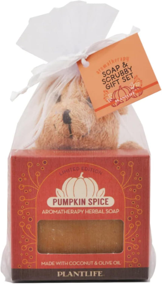 Bear Bath Scrubby with a Pumpkin Spice Soap Set - Gently Natural Ramie Scrubby with Soothing Soap for Your Skin - Kid Tested with No Removable Parts