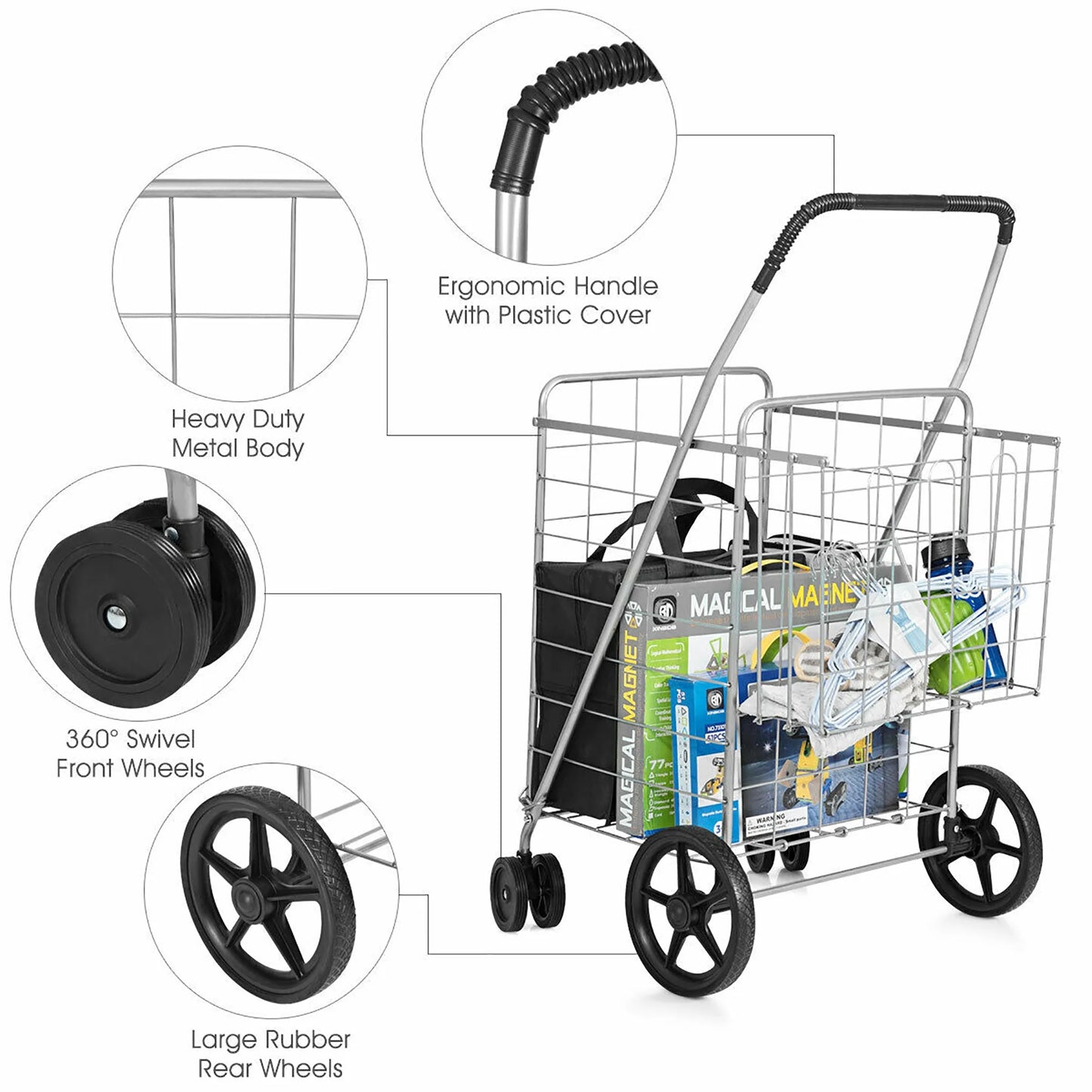 Utility Shopping Cart Foldable Jumbo Basket Outdoor Grocery Laundry Silver