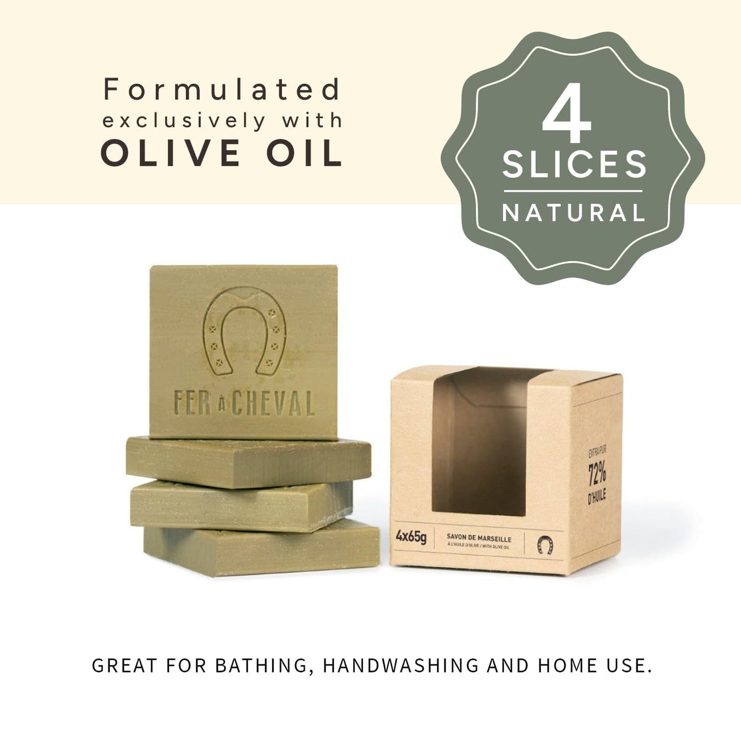Pure Olive Savon De Marseille Soap Bar Sliced Cubes, French Olive Oil Soap Bar Slices, 4X65G/2.29Oz