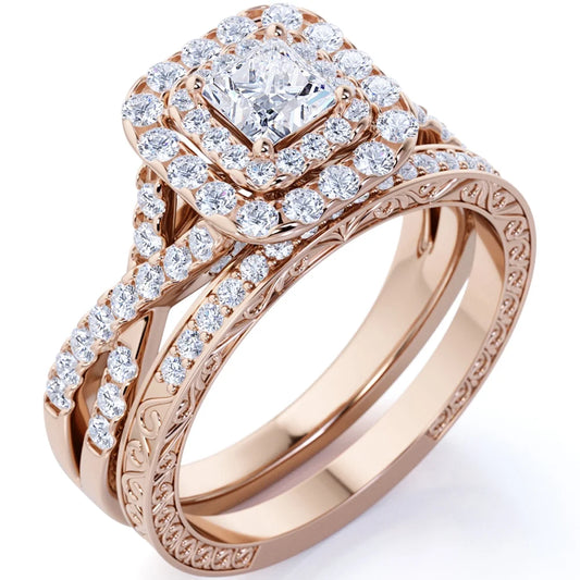 1.75 Carat Princess Cut Moissanite Engagement Ring - Bridal Ring - Double Halo Ring - Cluster Ring - 18K Rose Gold over Silver