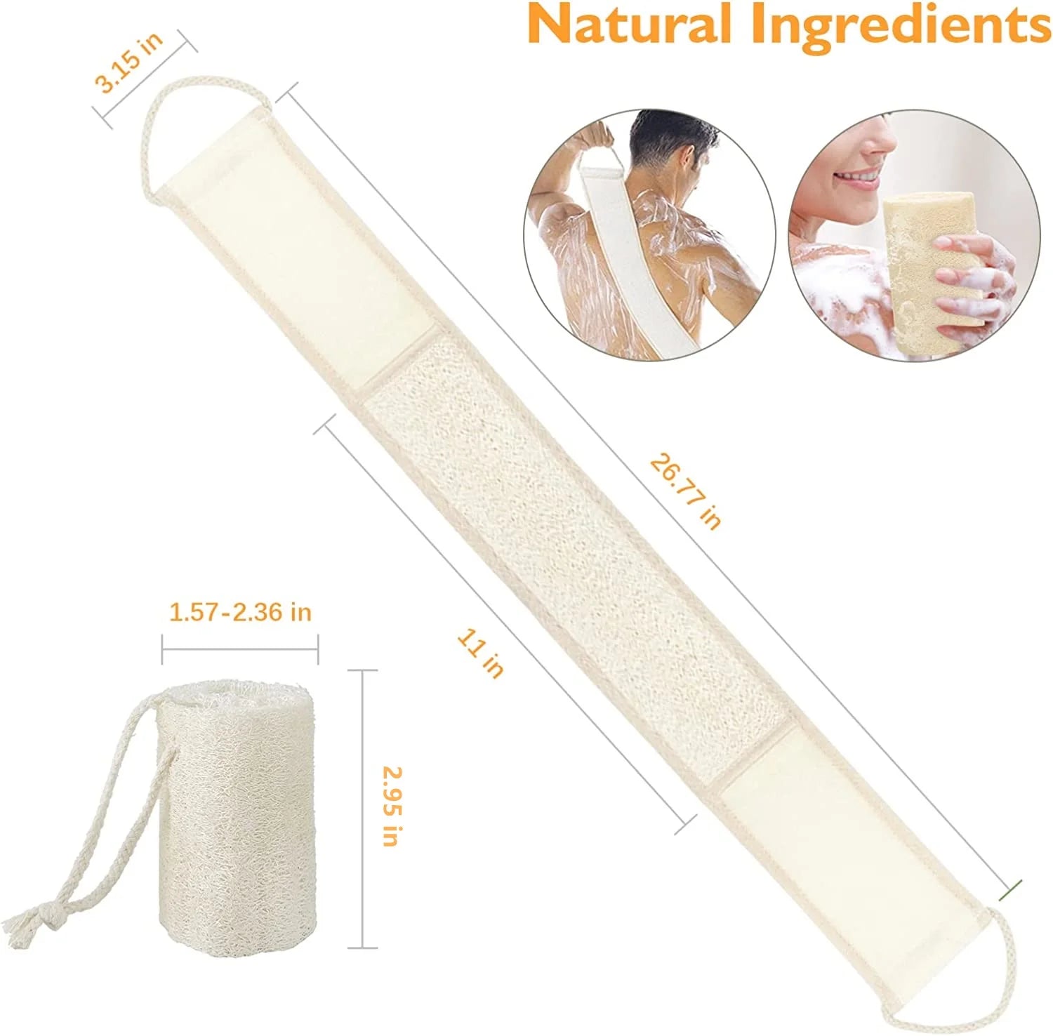 Natural Loofah Exfoliating Back Scrubber for Shower Set, Loofah Back Strap Sponge Shower Brush Long Handle Bath Body Brush, Deep Clean & Invigorate Your Skin, for Men and Women