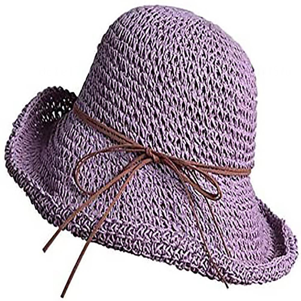 Womens Beach Sun Straw Hat Floppy Straw Sun Hat Travel Foldable Brim Summer Outdoor Sun Visor Hat for Women Girl Summer Outdoor Shade Tied Bow Foldable Hand-Woven,Purple