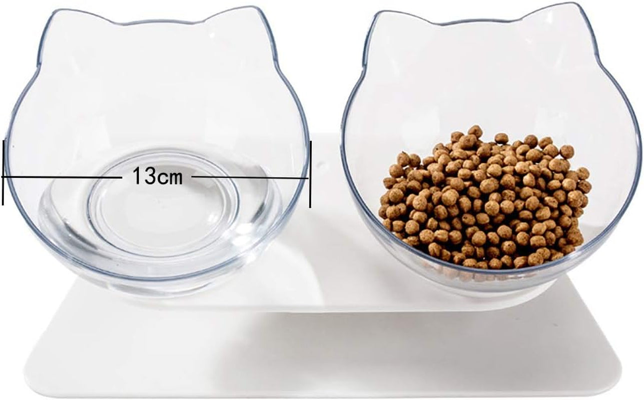 Double Elevated Cat Bowls with Raised Stand, 15 Tilted Cat Design Neck Guard Stand Pet Food Water Feeder Bowl for Cats or Small Dogs