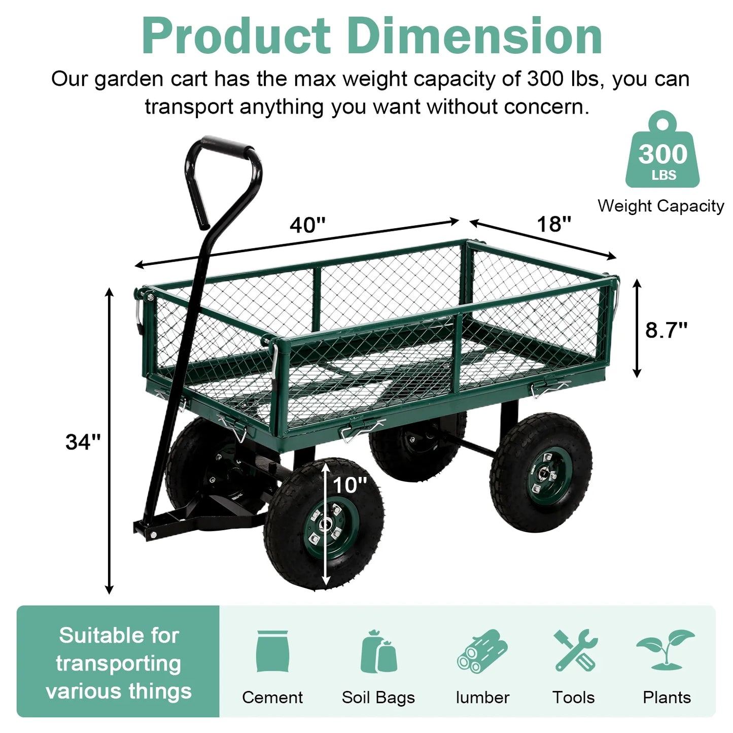 Garden Cart Garden Wagon Carts Heavy Duty Steel Garden Utility Carts with Removable Side and Wheels, Beach Lawn Dumping Yard Cart for Outdoor, Green