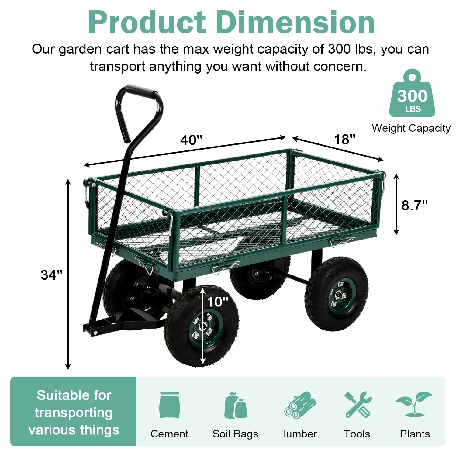 Garden Cart Garden Wagon Carts Heavy Duty Steel Garden Utility Carts with Removable Side and Wheels, Beach Lawn Dumping Yard Cart for Outdoor, Green